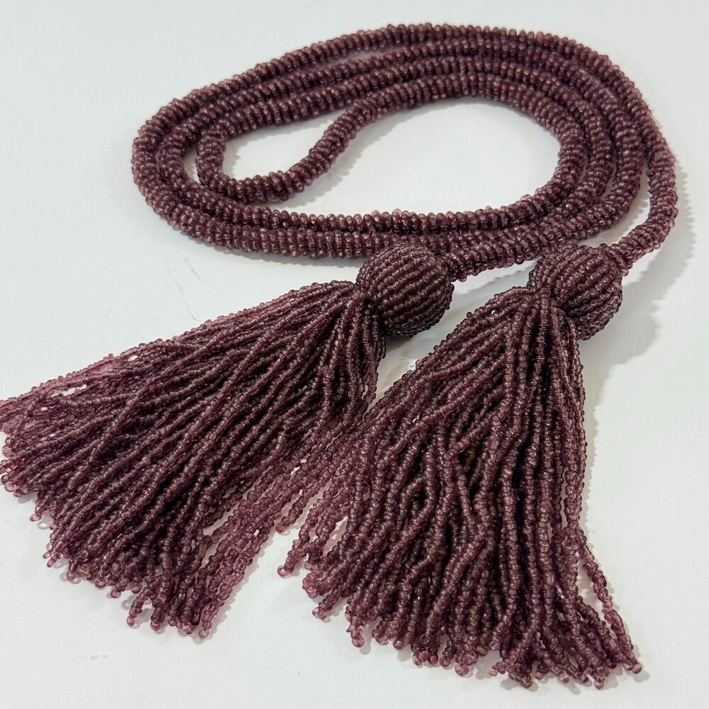 Vintage Purple Glass Seed Bead Lariat Necklace Scarf Belt Tassel 54 Inch Deco